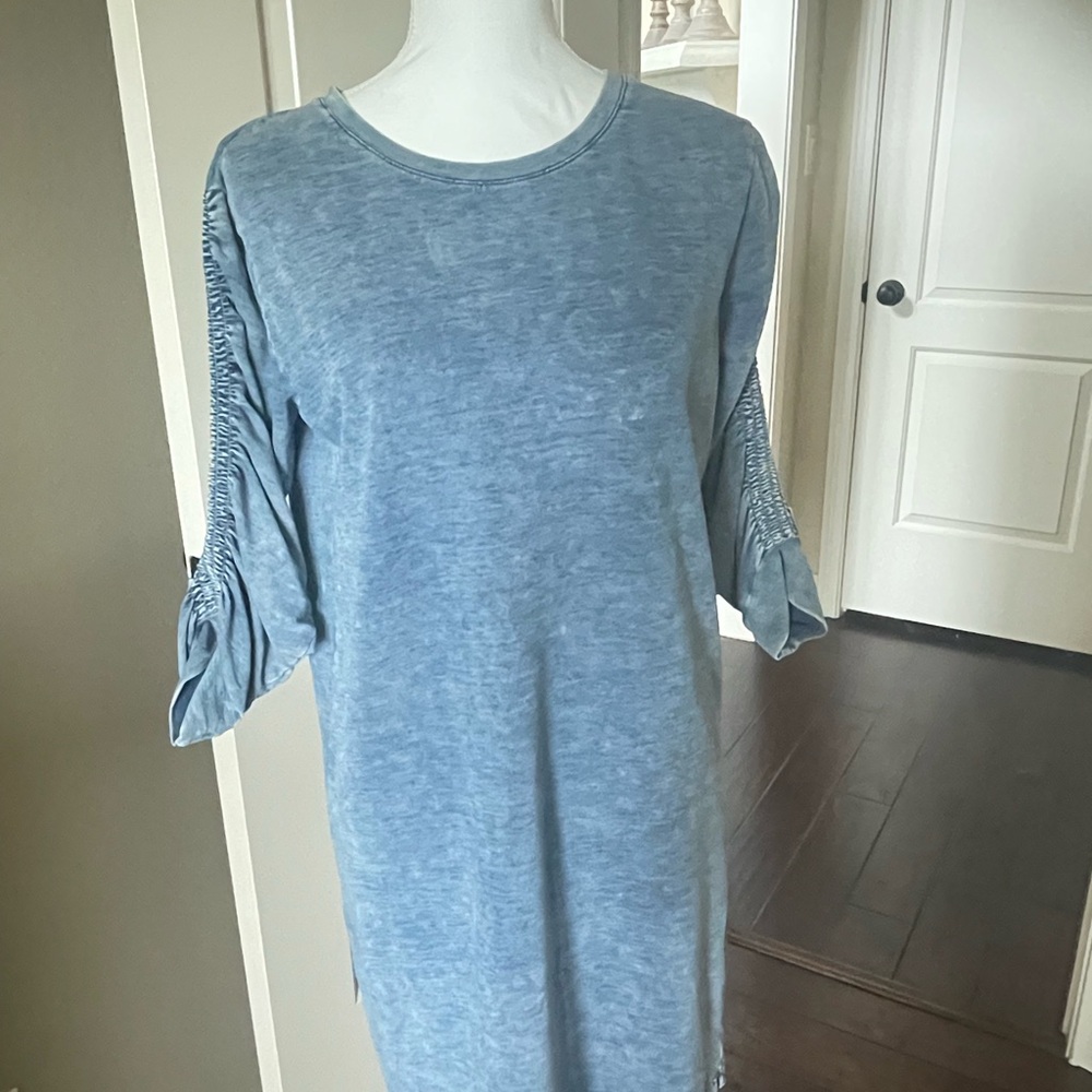 Jane and Delancey Light Blue Tunic with Ruched Sleeves